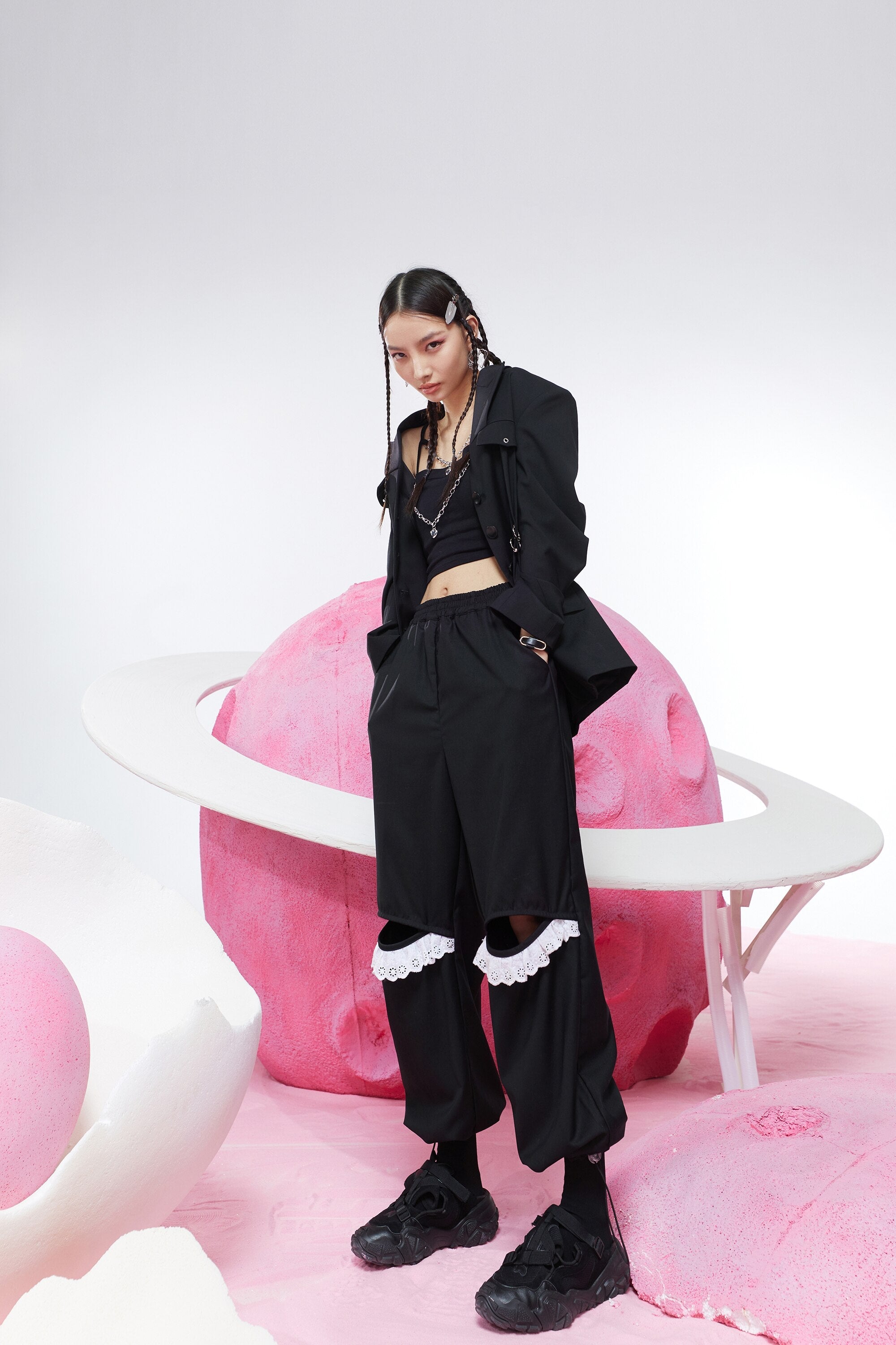 Solid Pure Contrast Lace Straight Casual Women Pants,Spring Vintage High Waist Ripped Hole, Ladies Daily Trouser