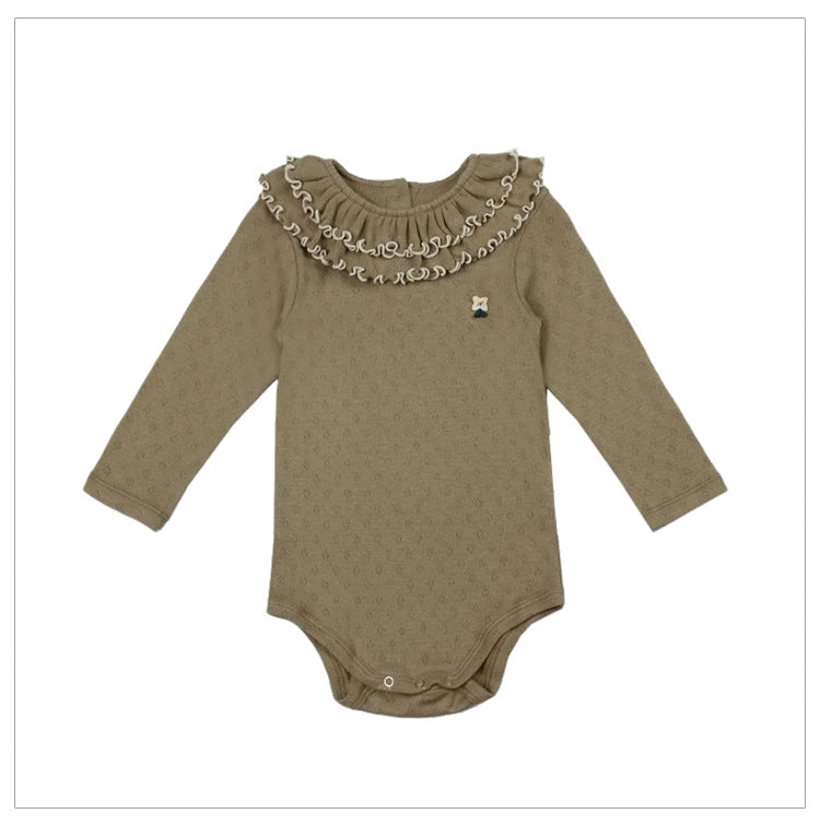 Spring Arrival Baby Girls Long Sleeves Ruffle Design Onesies Bodysuits with Simple Embroidery
