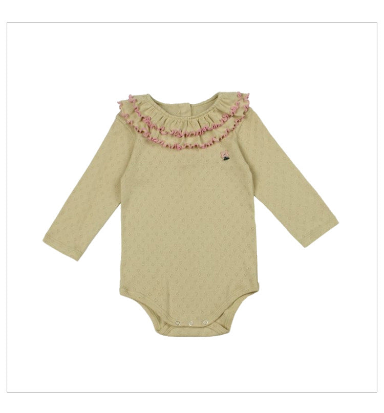 Spring Arrival Baby Girls Long Sleeves Ruffle Design Onesies Bodysuits with Simple Embroidery
