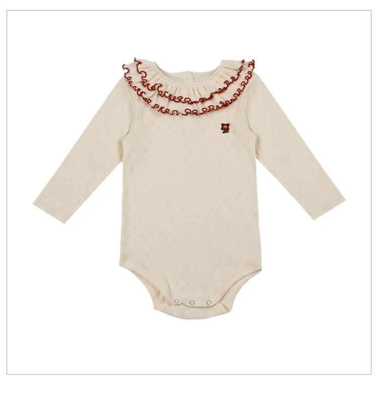 Spring Arrival Baby Girls Long Sleeves Ruffle Design Onesies Bodysuits with Simple Embroidery
