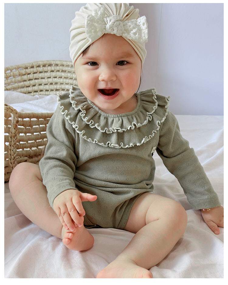 Spring Arrival Baby Girls Long Sleeves Ruffle Design Onesies Bodysuits with Simple Embroidery